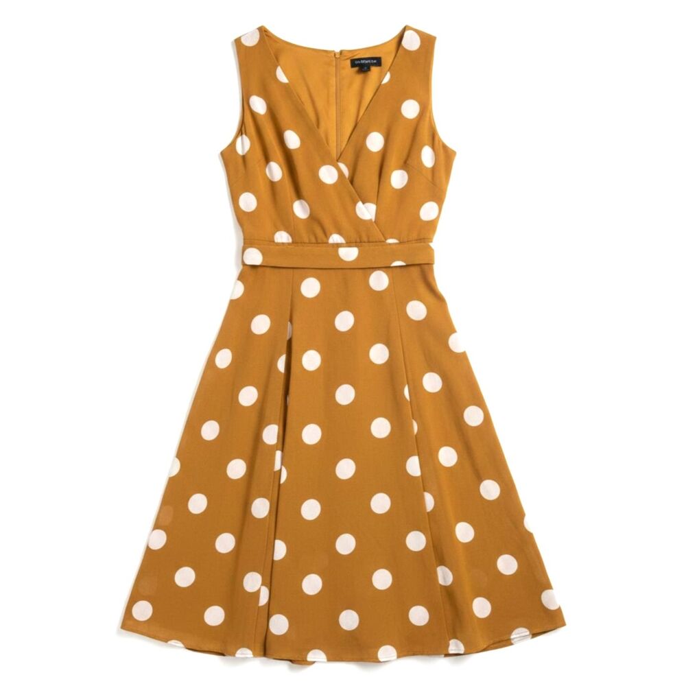 Liz Claiborne Mustard Polka Dot Belted Midi Dress Size 6 Garden Party Date Night - Picture 2 of 5